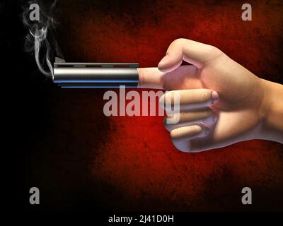 Hand in a typical gun gesture, shooting from its index finger. Digital illustration, clipping path allows to separate hand from background. Stock Photo
