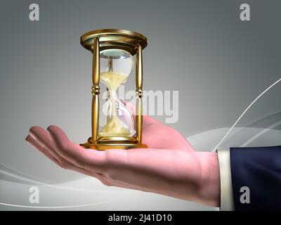 Businessman holding an hourglass in his open hand. Digital illustration. Stock Photo