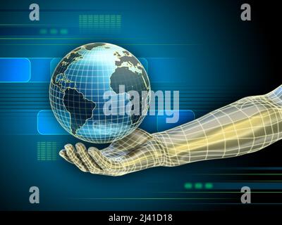 Android hand holding a 3D model of the Earth. Digital illustration. Stock Photo