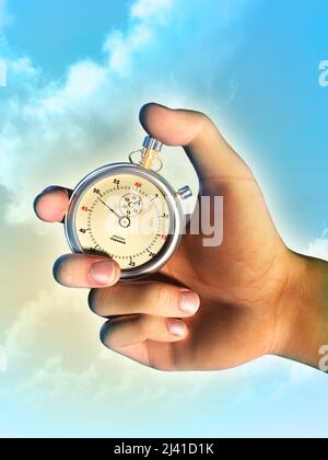 Male hand holding a stopwatch over a bright sky background. Digital illustration. Stock Photo