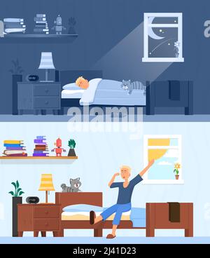 Man sleep and wake up. Awake early morning, guy sitting and stretching in bed. Happy day start, healthy rest at night decent vector illustration Stock Vector