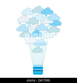 Blue hot air balloon lifted by clouds isolated on white background Stock Vector