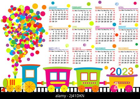 2023 calendar with train for kids Stock Vector