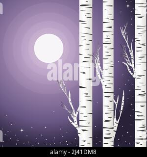 Background with birch trees in a violet night with moon Stock Vector