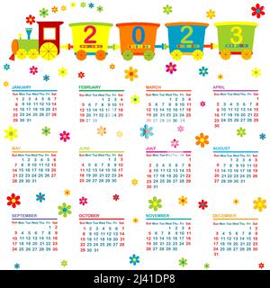 2023 calendar with cartoon train Stock Vector
