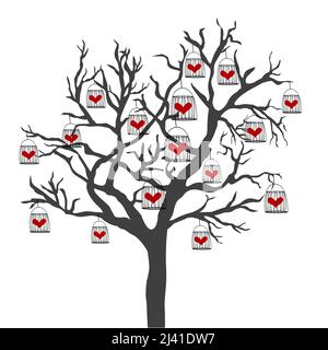 Abstract illustration of a tree with bird cages that have hearts closed in them Stock Vector