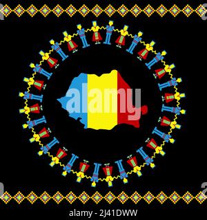 People in Romanian flag colors dancing around the Romania map colored with flag colors Stock Vector