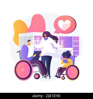 Care of the disabled abstract concept vector illustration. Disability care, downs syndrome, senior on wheelchair, help for old people, professional ho Stock Vector