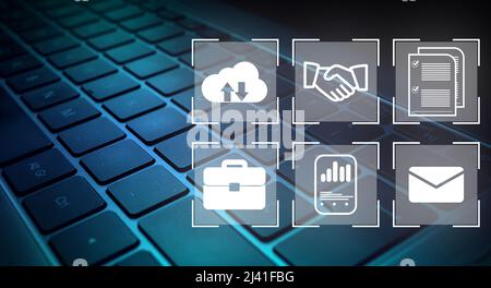 Keyboard with digital administration interface. Document Management System Concept. Corporate business technology. Online documentation database. Stock Photo