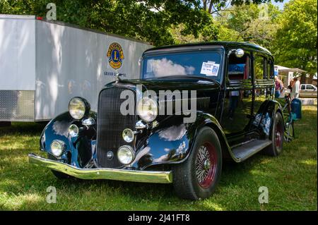 Grand Ledge, MI - July 8, 2017: Black 1933 Plymouth at a car show Stock Photo