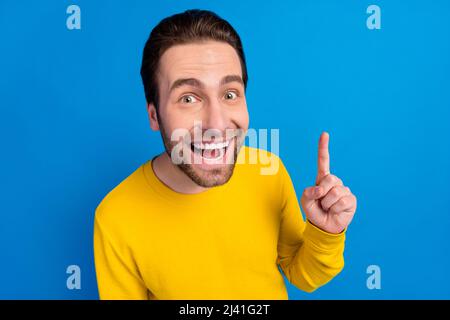 Portrait of attractive funny cheerful brainy brunet guy good solution find isolated over bright blue color background Stock Photo