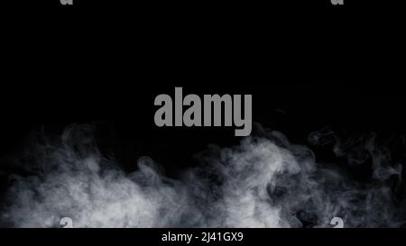 Panoramic view of the abstract fog. White cloudiness, mist or smog moves on black background. Beautiful swirling gray smoke. Mockup for your logo. Stock Photo