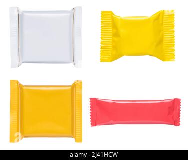 Blank plastic foil pouch food chocolate bar candy bag snack packaging mock-up set isolated on white background Stock Photo