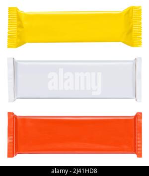 Blank plastic foil pouch food bar bags chocolate snack packaging set isolated on white background Stock Photo
