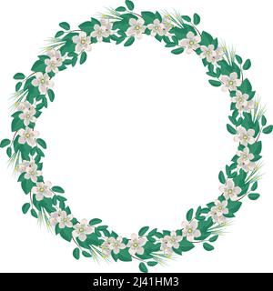 Round wreath of cherry or apple tree. Frame with white flowers. Spring blooming composition with buds and leaves. Festive decoration for wedding, holiday, postcard and design. Vector flat illustration Stock Vector