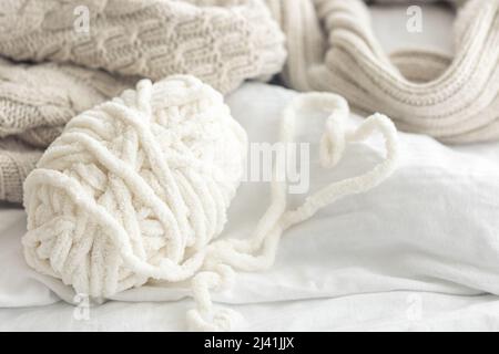 Close-up, threads for knitting, yarn of threads in pastel colors. Stock Photo