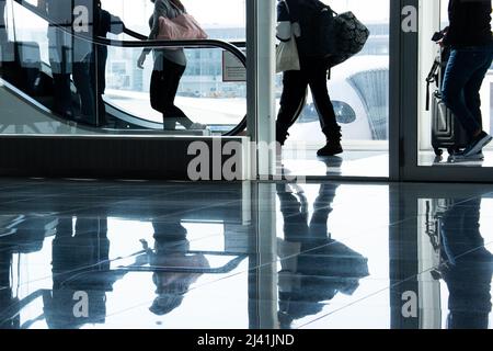 Passengers at the airport gate in front of aircraft on their way to the escalator in a modern building of glass and mirror reflection Stock Photo