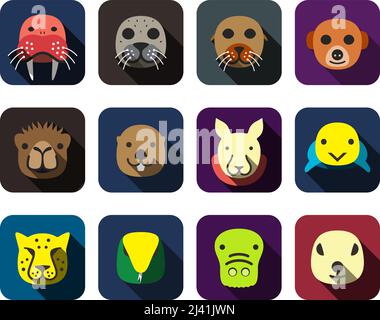 Animal face flat design icon set Stock Vector