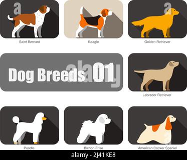 Dog breeds, standing on the ground, side view, vector illustration, dog cartoon image series Stock Vector