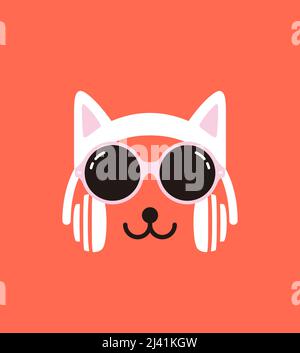 Cartoon Rabbit wearing a Cat' s headset and glasses, enjoy the music Stock Vector
