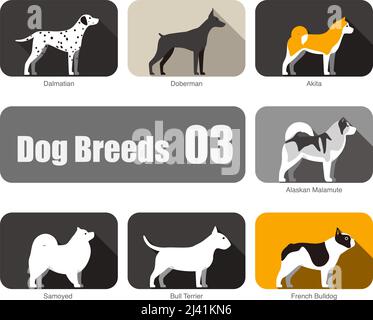 Dog breeds, standing on the ground, side view, vector illustration, dog cartoon image series Stock Vector