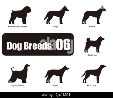 Dog breeds, standing on the ground, side view ,silhouette, black and white, vector illustration, dog cartoon image series Stock Vector