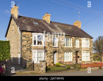 Example of a traditional Welsh semi detached cottages made of Welsh stone. Newport, Pembrokeshire, Wales. UK. Stock Photo