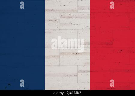 The flag of France (French: drapeau français) is a tricolour flag featuring three vertical bands coloured blue (hoist side), white, and red. Stock Photo