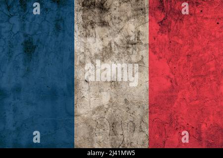 The flag of France (French: drapeau français) is a tricolour flag featuring three vertical bands coloured blue (hoist side), white, and red. Stock Photo