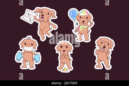 Funny puppy daily dog routine stickers set. Stock Vector