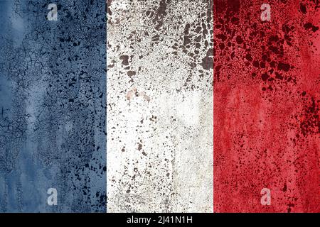 The flag of France (French: drapeau français) is a tricolour flag featuring three vertical bands coloured blue (hoist side), white, and red. Stock Photo