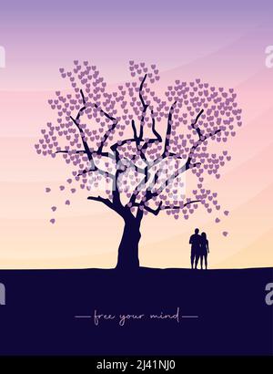 couple in love stands under a big tree at sunset Stock Vector