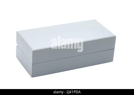 gray rectangular wooden gift box for jewelry storage, simple object isolated on white background, nobody. Stock Photo