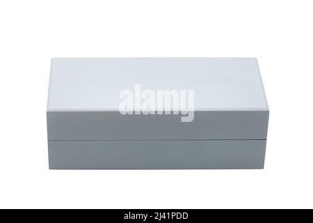 gray rectangular wooden gift box for jewelry storage, simple object isolated on white background, nobody. Stock Photo