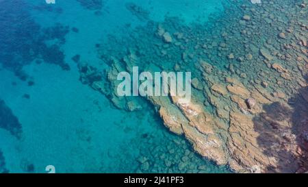 Aerial photo of a clear turquoise ocean blue water. Ports des Canonge. Valldemossa area. Majorca. Balearic Islands. Spain. Stock Photo