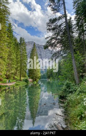 Typical alpine forest in Lago di Braies. Dolomites. Prags. South Tyrol. Italy. Stock Photo