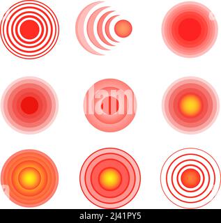 Hurt marker. Red radar circle symbol target pain in joints, sore mark drugs painfully point health spine neck paining body, spot migraine stomach syndrome, neat vector illustration pain target Stock Vector