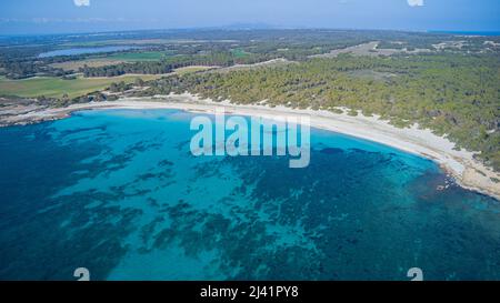 Winter day aerial view of Cala Caragol, sandy cove. Ses Salines area, south coast of Majorca, Balearic islands, Spain Stock Photo
