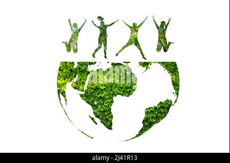 silhouette of a group of people jumping concept of conservation of the earth and the environment Stock Photo