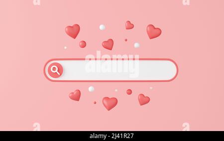 Web search bar with hearts 3d render - illustration of white website form for research of information Stock Photo