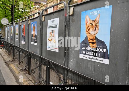 Cat food brand Ziggy imitates Presidential election campaign posters in Paris, France on Apr. 9, 2022. (Photo by Lionel Urman/Sipa USA)