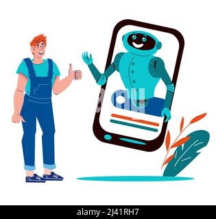Man talking with robot assistant online, cartoon vector illustration isolated on white background. Chatbot application and robotic technical support c Stock Vector