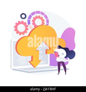 Uploading to cloud storage. Wireless access to information. Online service, global hosting, virtual space. Available and secure desktop. Vector isolat Stock Vector