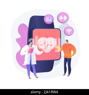 Heart rate on smartwatch. Portable pulse tracker. Wrist clock, watch with touchscreen, healthcare app. Fitness assistant. Gadget for workout. Vector i Stock Vector