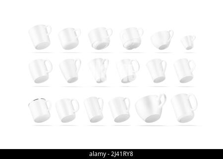 Blank white ceramic mug mockup, different types, no gravity Stock Photo