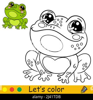 Cartoon cute and happy frog. Coloring book page with colorful template for kids. Vector isolated illustration. For coloring book, print, game, party, Stock Vector