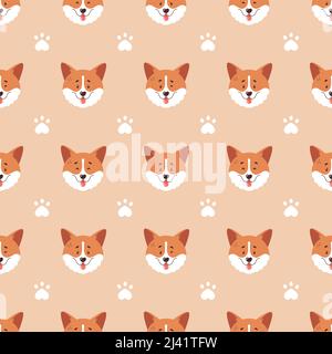 Corgi seamless pattern. Cute smiling welsh corgi faces and paw prints. Happy dog characters. Stylish vector background. Stock Vector