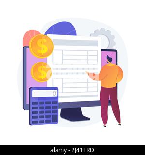 Electronic documentation. Man with registration. Checking repository log. Online approval, screen form, validation page. Expense chronicles. Vector is Stock Vector