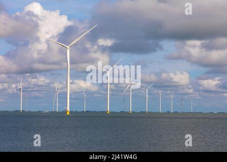 Aerial view of enormous windmills stand in the sea along a dutch sea. Fryslân wind farm, the largest inland wind farm in the world. Afsluitdiijk