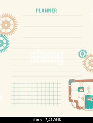 Planner template in steampunk doodle style with gears, cogwheels, for notes, reminders, plans, ideas, schedule. Vector illustration Stock Vector